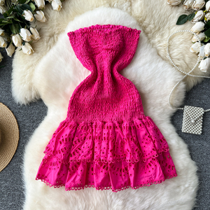 Túnica sin tirantes de vacaciones de verano, vestido Midi plisado ajustado para mujer, vestido de encaje con volantes y bordado imperio sin mangas, <span class=keywords><strong>Bla</strong></span> - Product Image 3
