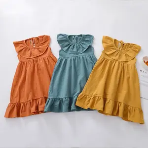 2021 Gaun Pesta Ulang Tahun Bayi Perempuan, Rok Katun Linen Pakaian Bayi Anak-anak Balita Kerut Tanpa Lengan Musim Panas