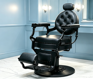 Poltrona da Barbiere Vintage Nera Opaca con Bottoni Trapuntati e Rivetti, Reclinabile Idraulica, Girevole e Robusta - Product Image 5