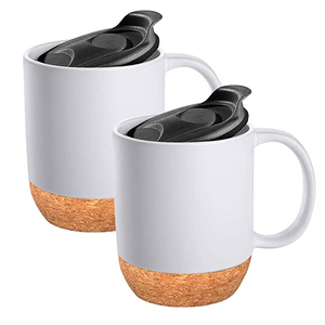Tasse en céramique avec couvercle en liège isolé et anti-éclaboussures, 15 oz, blanc uni, pour thé, café, mug en céramique avec logo personnalisé - Product Image 1