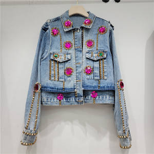 Denim <b>Jacket</b> With <b>Rhinestone</b> Beading And Studs Casual Regular Fit Short Women's Coat - Product Image 6