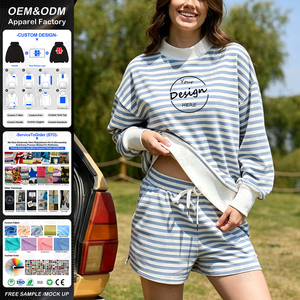 Custom Two Piece Striped Sweatshirt And Shorts Wholesale Cotton French Terry Streetwear Mockneck Sweatshirt Set Girls Stripes - Product Image 1