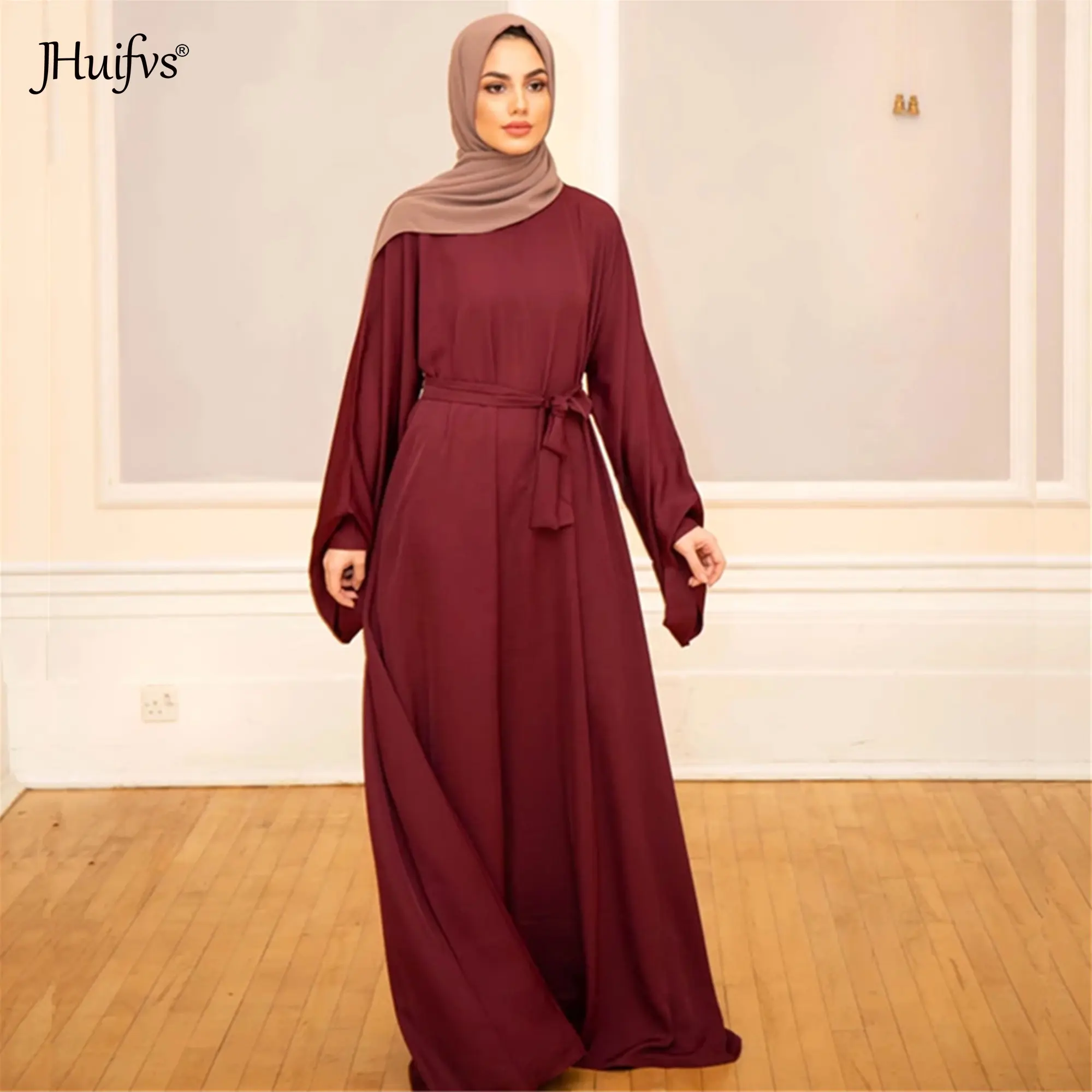 Ultimi Cinture di Disegno Islamico Vestiti Delle Donne Solido Pianura Chiuso Abaya Musulmano Vestito Maxi Abito Lungo