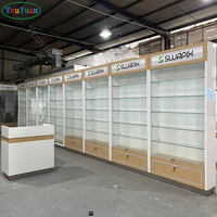 Vitrine de magasin de téléphonie moderne avec éclairage LED et étagères en bois, comptoir en verre trempé, présentoir verrouillable pour accessoires