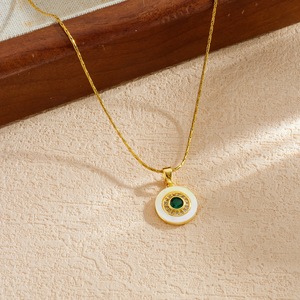 European Style Round Pendant Necklace White Shell Emerald Eye Gold Plated Stainless Steel Clavicle Chain For Women - Product Image 3