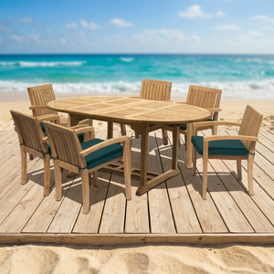 Ensemble de table à manger extensible et pliable en teck moderne minimaliste, durable et résistant aux UV, pour terrasse et parc, utilisation en extérieur - Product Image 1
