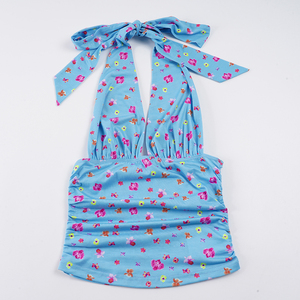 Beach Holiday Floral Print Ruched V Neck Bustier Halter <b>Tie</b> <b>Back</b> Top Hot Girl Sexy Beach Versatile Open <b>Back</b> Sleeveless Top - Product Image 5