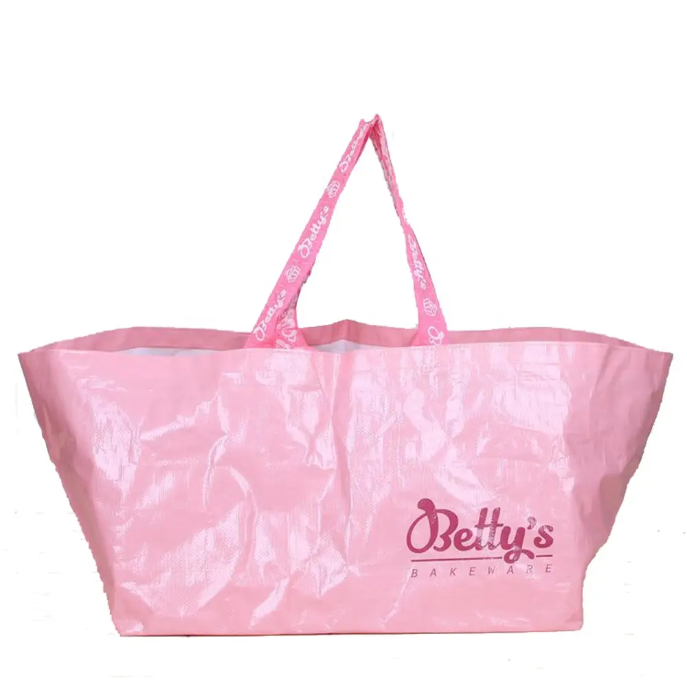 Di grandi dimensioni laminato rosa sacchetto tessuto doppio maniglie ricamo logo personalizzato PP tessuto shopping bag tote