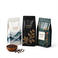 Sacs d'emballage pour café à fond plat avec impression personnalisée, huit soudures latérales, valve et fermeture éclair, qualité alimentaire, anti-humidité, certifiés UE, tailles personnalisées
