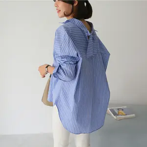Boutique Wholesale 2023 Spring New Line Striped Shirts Women's Mid Length Korean Loose Irregular Long Sleeve Women's Shirts