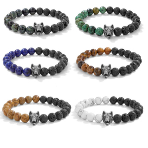 Pulsera <span class=keywords><strong>El</strong></span>ástica de Piedra Volcánica Natural con Cabeza de <span class=keywords><strong>Lobo</strong></span>, Joyería de Moda Comercial para <span class=keywords><strong>Hombre</strong></span> - Product Image 2