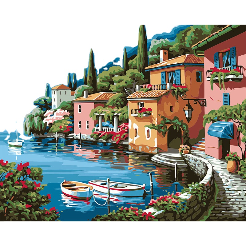 Custom Handmade Oil Painting Seaside Village House DIY Canvas Paint Kit Landscape Painting by Numbers