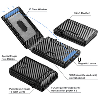 Dompet pendek pria mewah kustom serat karbon kulit PU bergaris tempat kartu penghalang RFID dengan Popup casing penutup aluminium Dompet