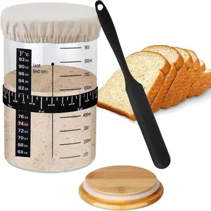 34 Oz Bamboo Lids Sourdough Jar Kit 1000ml Sourdough Bread Baking Supplies With Thermometer Silicone Spoon Cloth Cover