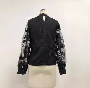 Chemise de bureau pour femme, chemisier en dentelle à manches bouffantes transparentes, col rond, chemisier <span class=keywords><strong>noir</strong></span> à manches longues, <span class=keywords><strong>haut</strong></span> pour femme - Product Image 3