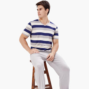 Mens <b>Blue</b> <b>White</b> <b>Striped</b> Pajamas Knitted Men's Sleepwear Loungwear Set Custom Bamboo Pajamas Sets Mens Clothing Vietnam Factory - Product Image 3