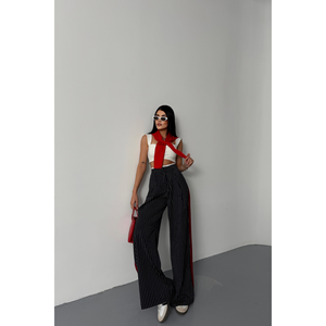 Pantalones de Vestir a Rayas Azul Marino, Cintura Alta, Estilo Casual con Detalle de Raya Lateral, Cierre Elástico en la Cintura, Talla XL, Lavado de Color - Product Image 4