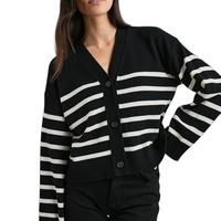 Cardigan court tricoté 100 % coton rayé personnalisé, anti-plis, col en V, style preppy décontracté pour femme, automne