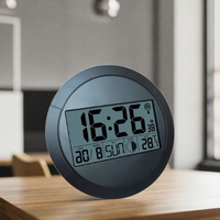 Jam dinding Digital LCD besar, bentuk bulat dengan tampilan suhu, kontrol Radio, bertenaga baterai listrik untuk kamar tidur