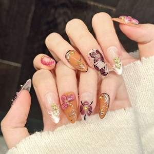 [<span class=keywords><strong>Orange</strong></span> Rose Étoiles] <span class=keywords><strong>Manucure</strong></span> française blanche, style tempérament, avec ornements de bijoux dorés et effet armure vieilli, <span class=keywords><strong>couleur</strong></span> contrastante - Product Image 4