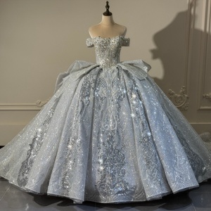 Xs307 <b>Sparkly</b> Silver Quinceanera Ball Gown Crystal Beaded Off Shoulder Embroidery Glitter Tulle Dress For Pageant Jancember - Product Image 1