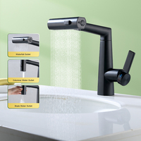 Robinet mélangeur de lavabo de salle de bain monotrou en alliage de zinc à montage sur plan, finition noir mat, avec colonne cascade 3 fonctions