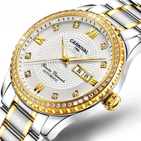 Montre mécanique pour homme CARNIVAL en acier inoxydable incrustée de strass, chiffres romains, affichage double date, aiguilles lumineuses, saphir