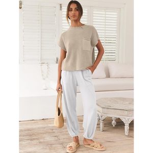 FOXA Conjunto de pantalones blancos con bolsillo y top corto sin mangas de punto para mujer, ropa para viajes de verano, ropa de vacaciones en la playa - Product Image 2