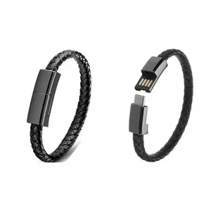 New Style For Men Women Custom Black Leather usb cable bracelet data charging Cable