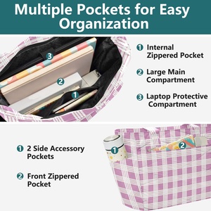 Casual Style Purple Palaka Design <b>Zip</b> Closure Women's Quilted Polyester Shoulder <b>Tote</b> Bag Durable Handbag with Two Handles - Product Image 4