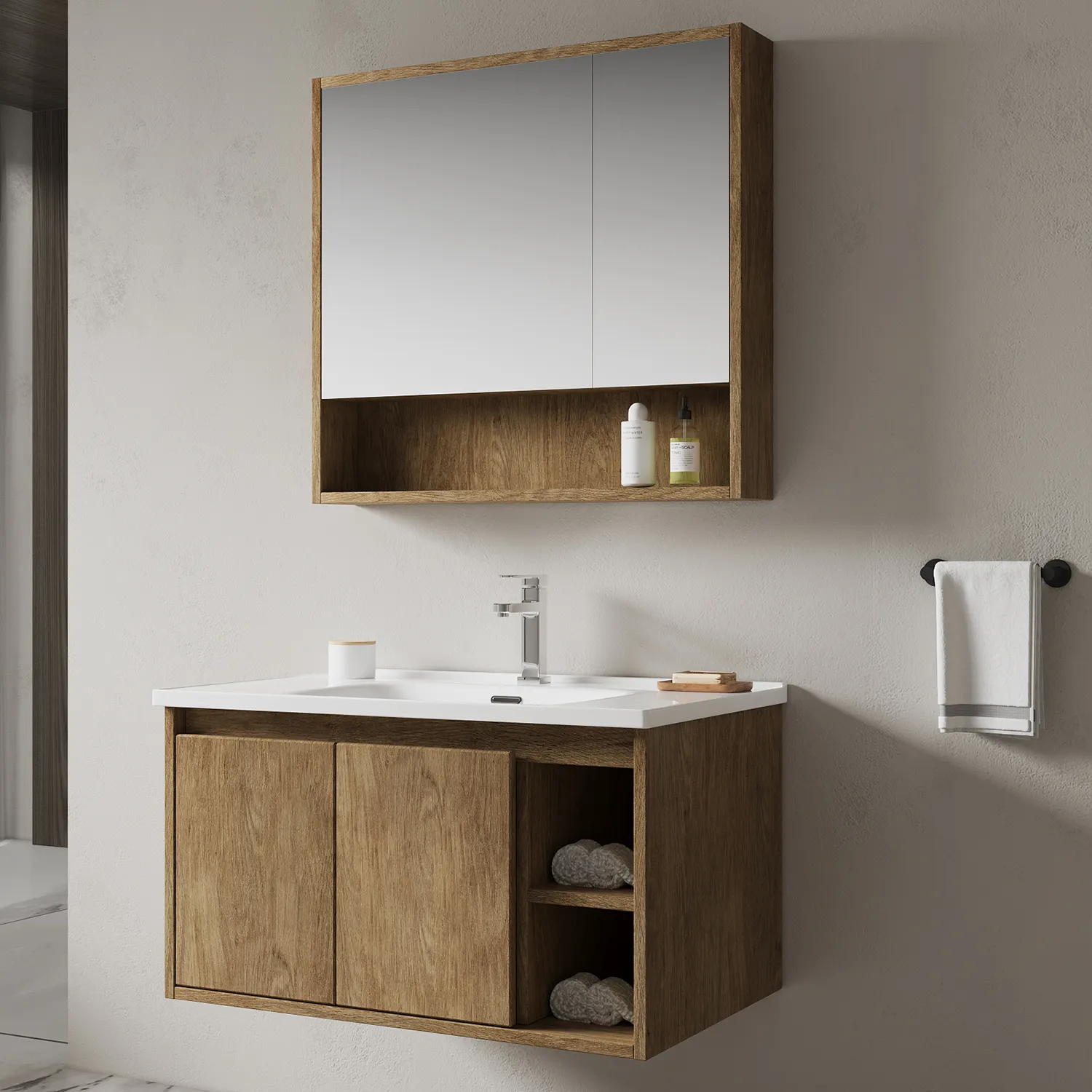 YIDA Wall Mounted Wood Grain Bathroom Vanities Combo  Bath Mirror Cabinet