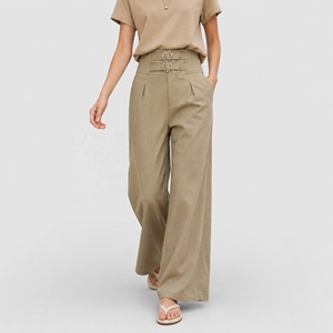 Khaki Wide Leg <strong>Suit</strong> Pants Women High Waisted Heart Buckle Detail Elegant Career <strong>Trousers</strong> Chic Pantalon Femme - Product Image 1