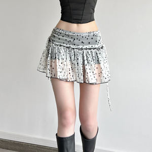 Mini-jupe en maille à imprimé étoile style Y2K pour femmes, taille basse, froncée, coupe trapèze, aspect transparent, jupe courte avec doublure intérieure - Product Image 5