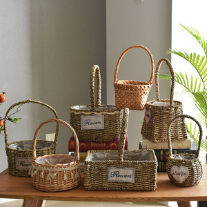 Cesta de flores de paja, cesta decorativa de madera tejida a mano, maceta nórdica para suculentas, maceta de ratán, verde - Product Image 1