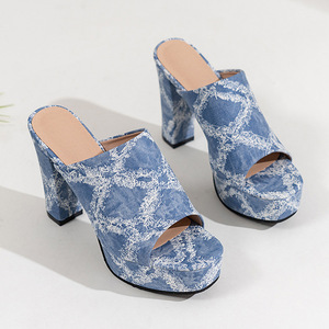 34 New High-heeled Slippers European and American Large Summer Thick Heel Denim <b>Sandals</b> for Women - Product Image 2