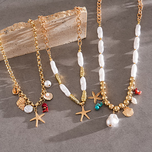 Multi Layer Beach Starfish Shell Pearl Necklace Women Boho Baroque Pearl Ocean Pendant Clavicle <b>Chain</b> Summer Jewelry - Product Image 5