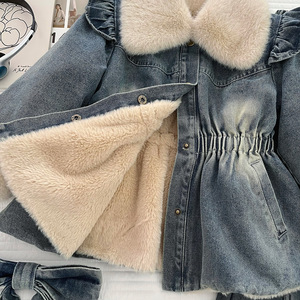 New Girls' Fleece-lined Denim and Pants <b>Extra</b> Thick Set Medium <b>Large</b> Children Autumn Winter Girls Clothing Set - Product Image 3