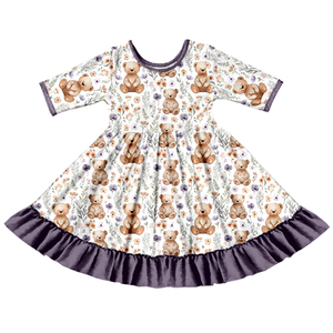 Robe en soie de lait pour filles, manches 3/4, ourlet à volants, imprimé intégral, robe pour tout-petits, vêtements pour enfants personnalisés OEM ODM - Product Image 1