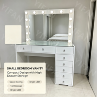 Ensemble de coiffeuse de maquillage grand format noir pas cher avec plateau en verre et miroir de maquillage à LED, organisateur, coiffeuse