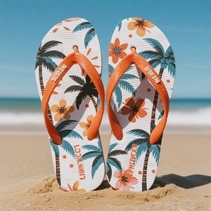 Wholesale Floral Print Beach Flip Flops Custom Logo Orange <b>Rubber</b> Strap Anti Slip PE <b>Sole</b> Summer Vacation Sandals Bulk New - Product Image 1