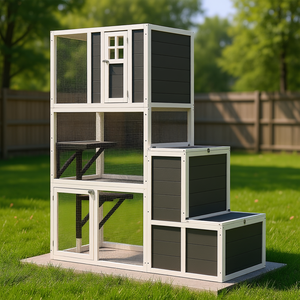 Maison pour chat en bois à 3 niveaux, 71 pouces de hauteur, grise, abri intérieur/extérieur pour chat avec espace de saut et enclos de repos pour 1 à 3 chats - Product Image 2