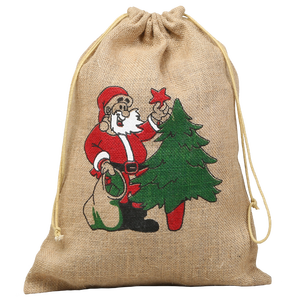 Low Price Christmas Santa Printing Drawstring Jute <b>Pouch</b> Bag Without <b>Lamination</b> Jute <b>Pouch</b> Made in West Bengal in India - Product Image 1