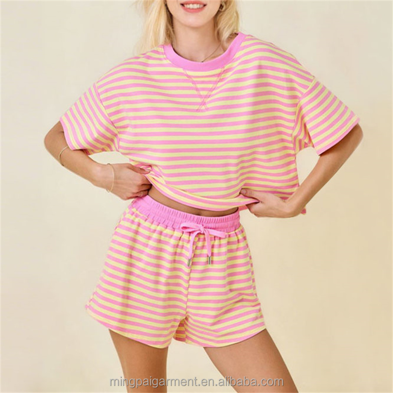 OEM Custom Summer New Women's Stripe 2 Piece Set Crop Top T-Shirt And Drawstring Shorts Casual Lounge Wear Matching Set
