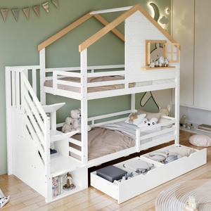Squisito <span class=keywords><strong>90x200</strong></span> cm letto a due piani per bambini albero di pino MDF scala di stoccaggio bianco naturale piccola casa Design include letto finestra - Product Image 2