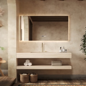 Meuble de salle de bain mural moderne personnalisé avec double vasque en pierre résistante à l'eau, facile à nettoyer et durable - Product Image 1