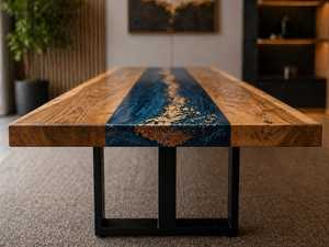 Table à manger en bois et résine époxy de luxe, meubles modernes faits à la main, combinaison de bois naturel et de résine, table à manger personnalisée pour la maison - Product Image 2