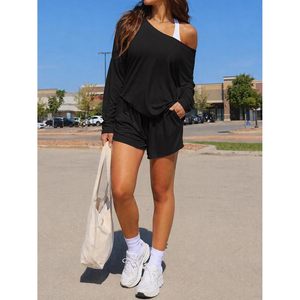 Womens 2 Piece <b>Long</b> <b>Sleeve</b> Off Shoulder <b>Tops</b> And Shorts Lounge Set Asymmetrical Neck Solid Casual Above Knee Polyester - Product Image 5