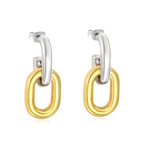 Elegantes Pendientes Retro Chapados en Oro de 18K con Diseño Geométrico y Cadena de Dos Tonos, Joyería de Acero Inoxidable - Product Image 1
