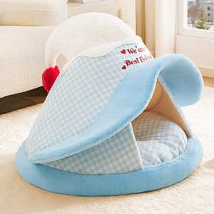 Lit pour animaux de compagnie, maisonnette, tente, nid, tapis douillet semi-fermé doublé en peluche, pour l'hiver, fournitures et accessoires, violet, petit et moyen - Product Image 5