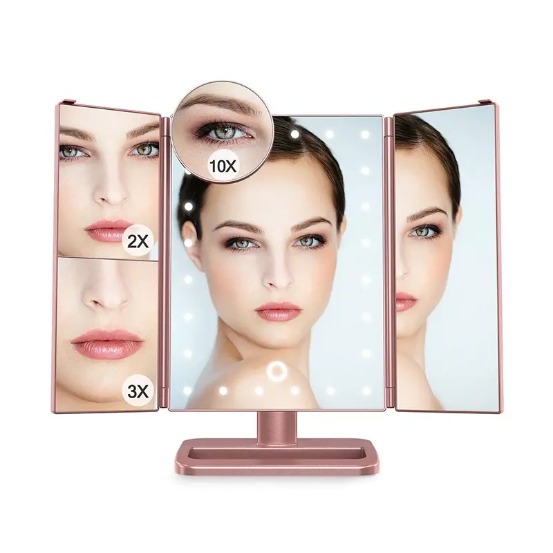 Specchio cosmetico per vanità illuminato a tre pieghe con ingrandimento 3x/2x/1x supporto da tavolo con specchio per il trucco a Led